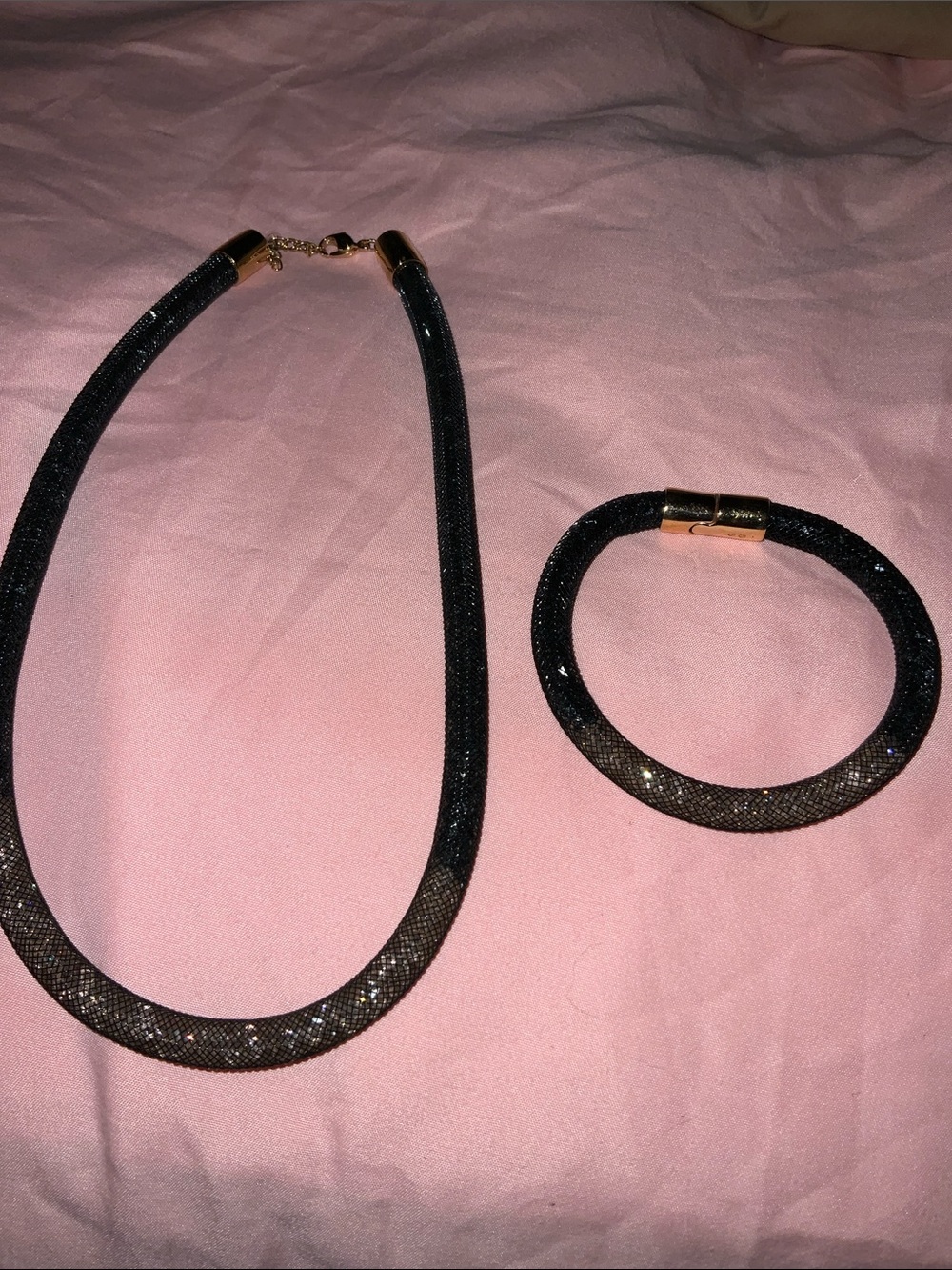 Swarovski Black and Gold Sparkle Mesh Necklace and Bracelet Set